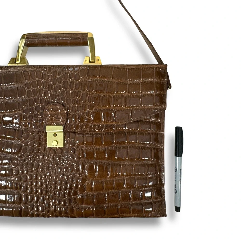 Vintage Vivaci‎ Brown Faux Alligator Croc Embossed Attache Handbag 80s Rare EUC